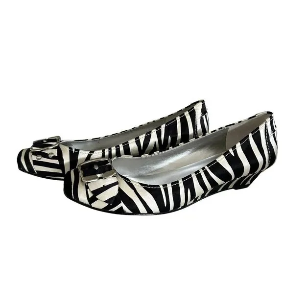Jessica Simpson Black White Zebra Fabric Wedge Sz 7.5 Kitten Heel Buckle JS-DAFA - Picture 3 of 10